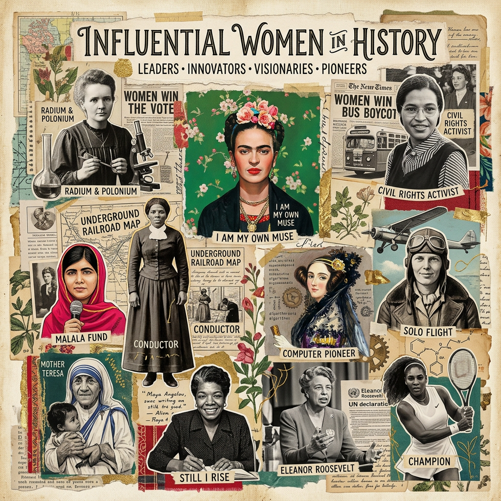Portraits of influential women including scientists, activists, pioneers, and champions with related historical elements