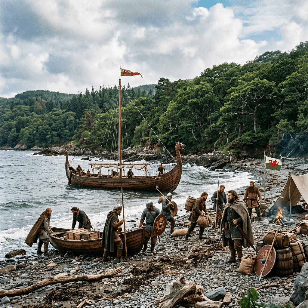Vikings unloading cargo from wooden ships on a rocky beach
