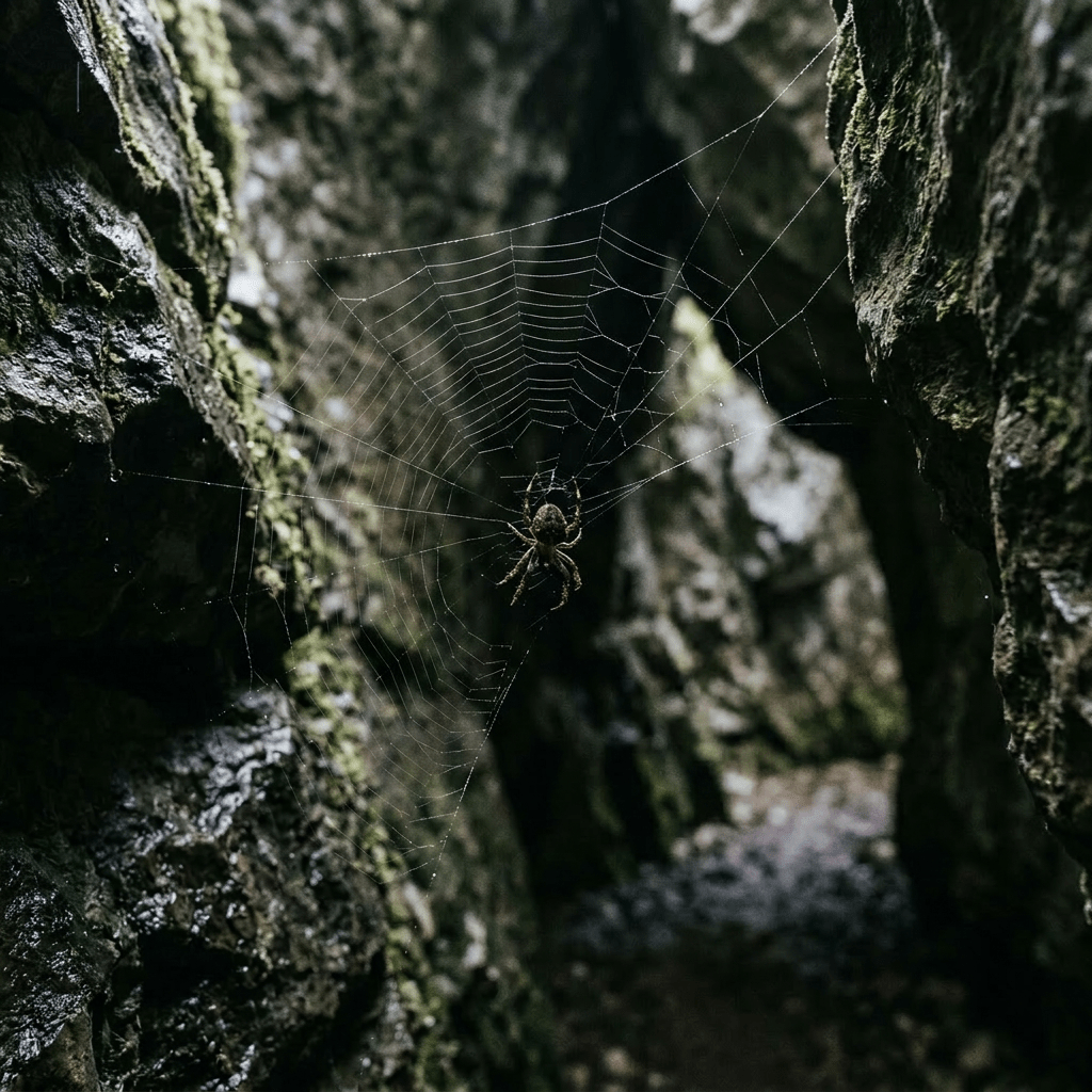 Spider on an intricate web stretched across mossy rock walls in a narrow passage