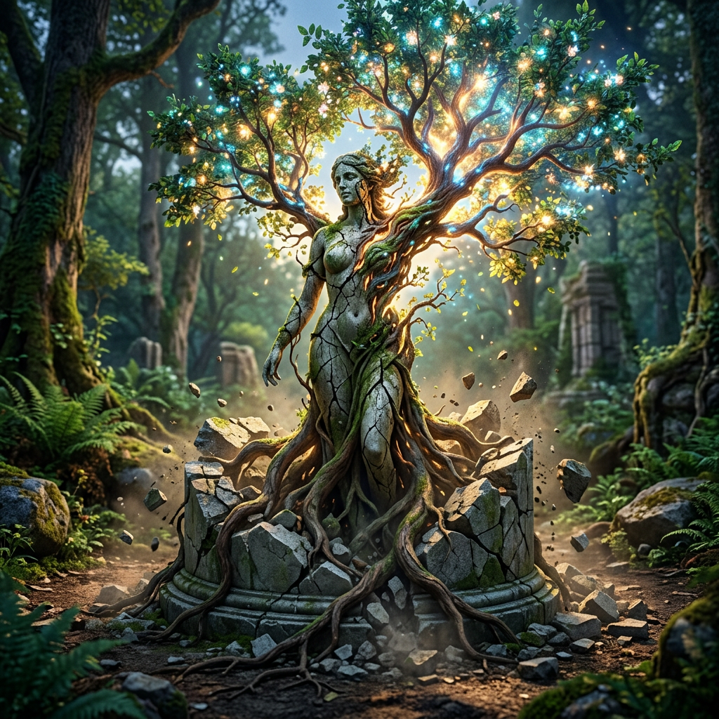 Statue of woman merging with a glowing tree surrounded by rubble in a forest