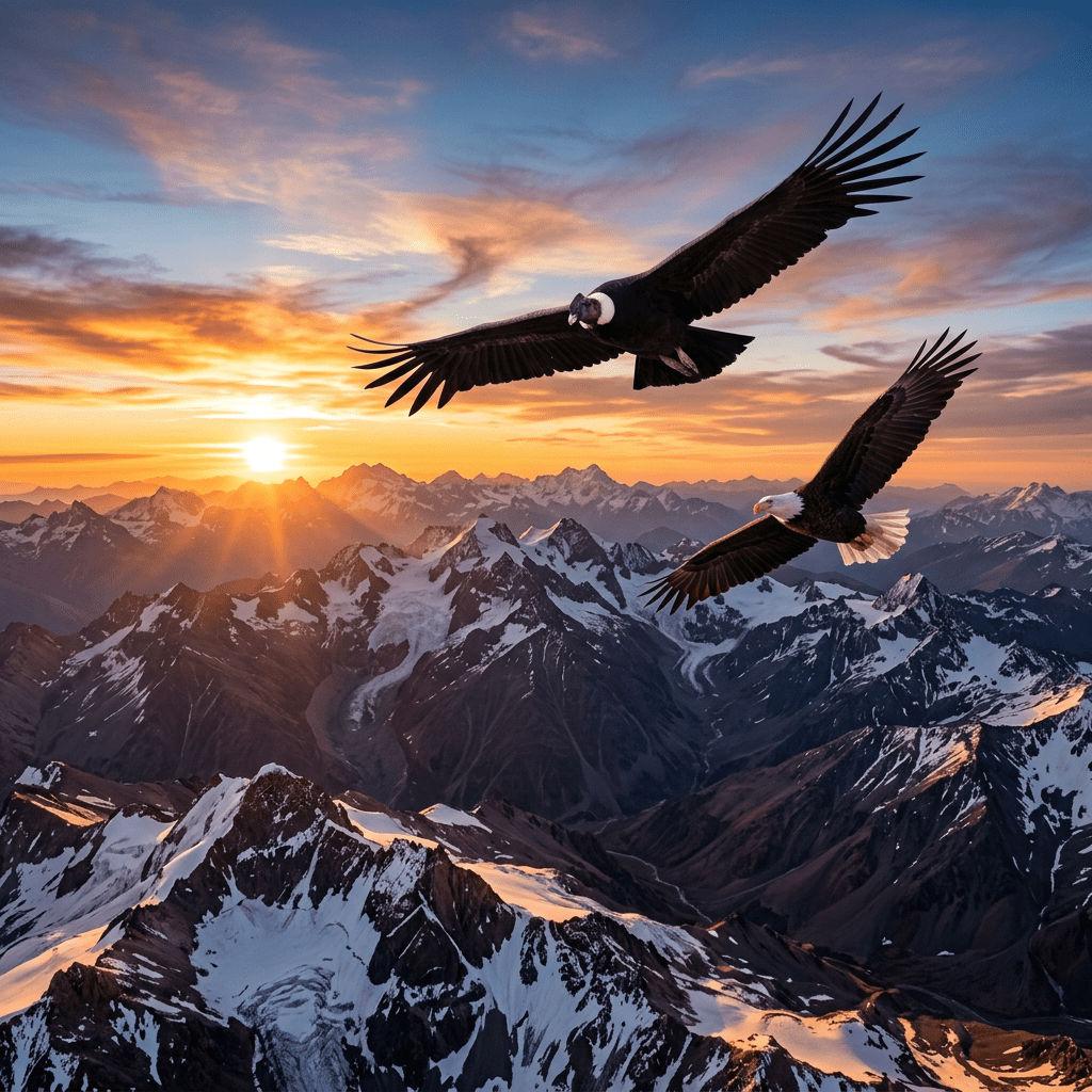 Two large birds flying over snowy mountain peaks during a colorful sunset
